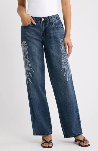 Ymi Britney Wing Embroidered Wide Leg Jeans In 35d - Dark Wash