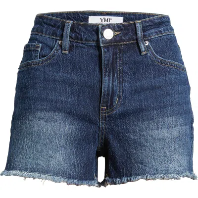 Ymi Frayed High Waist Denim Shorts In Blue