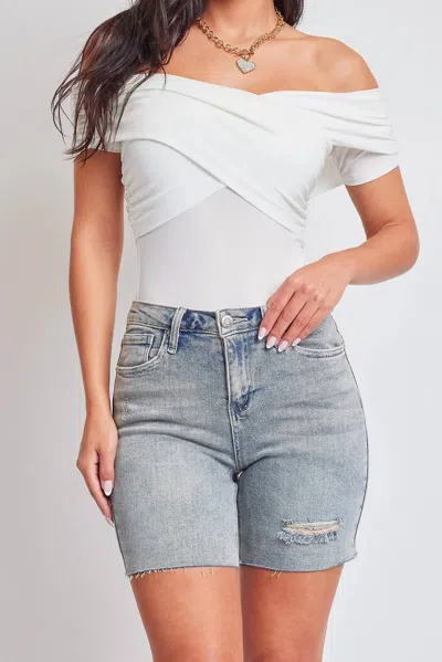 Ymi High Rise Long Denim Distressed Shorts In Vintage Rips In White