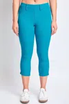 Ymi Hyperstretch Pull On Capri With Side Slit In Blue In Blue