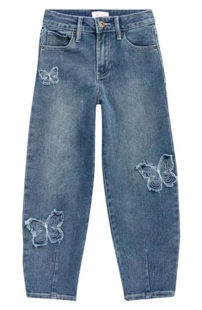 Ymi Kids' Heart Patch Barrel Leg Jeans In Blue