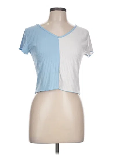 Pre-owned Ymi Short Sleeve Top Blue Color Block Pattern Sweetheart Neckline Tops