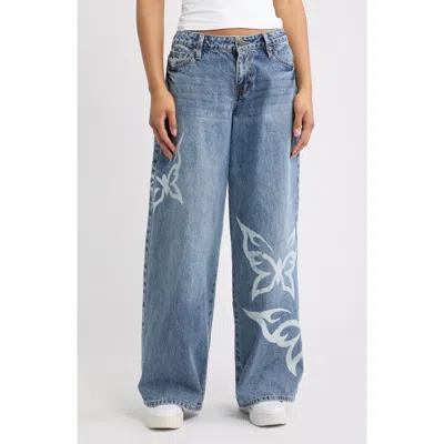Ymi Tattoo Butterfly High Waist Wide Leg Jeans In Blue