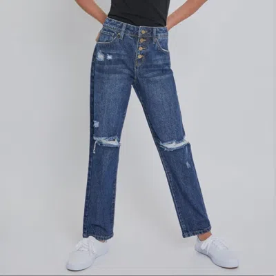 Ymi Teens Rips Whiskers Straight Leg Jeans In Dark Wash In Blue