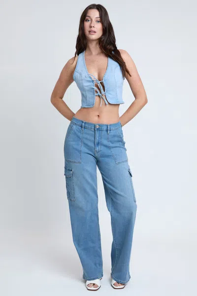 Ymi Women's Elastic Waist Straight Cargo Jean In Blue