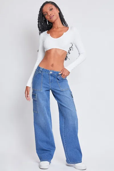 Ymi Women's Low Rise Relaxed Cargo Jeans In Blue