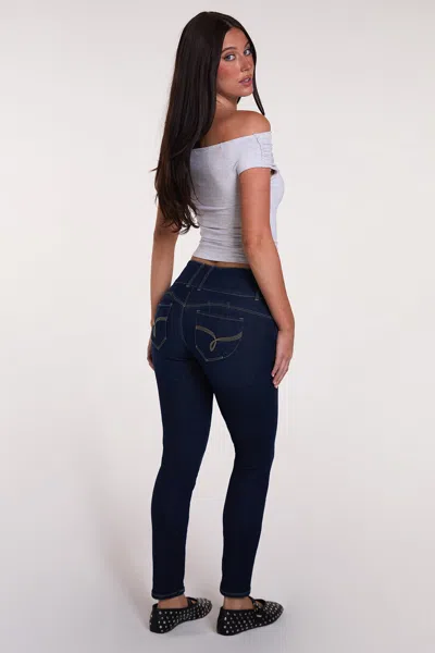 Ymi Women's Luxe Mid Rise 3-button Wannabettabutt Skinny Jeans In Blue