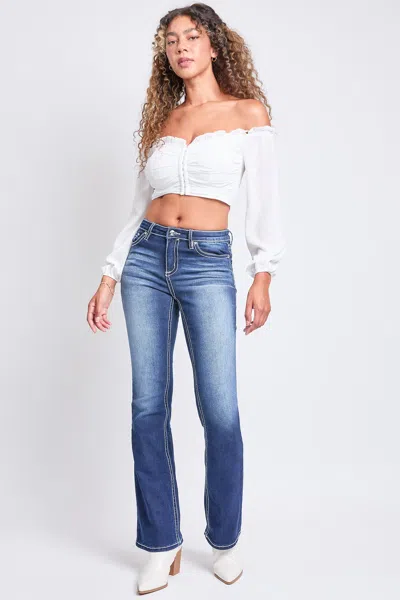 Ymi Women's Mid Rise Heavy Stitch Bootcut Cross Studded Jeans In Blue