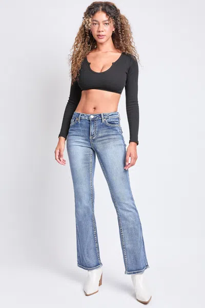 Ymi Women's Mid Rise Heavy Stitch Embroidered Bootcut Jeans In Blue