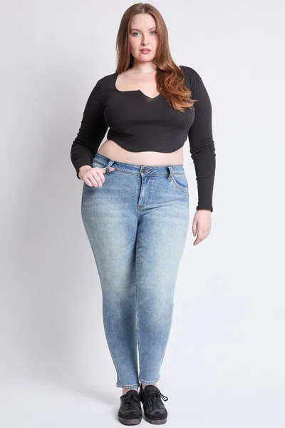 Ymi Women's Plus Wannabettabutt Mid Rise Embroidered Skinny Jean In Blue