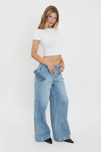 Ymi Women's Slanted Cargo Wide Leg Jeans