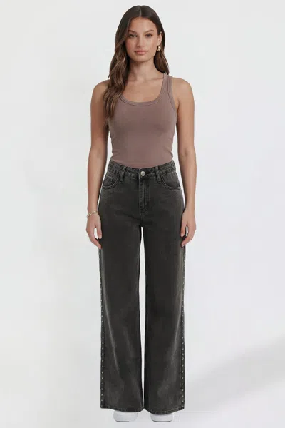 Ymi Women's Studded Relaxed Super Wide Leg Jeans In Black