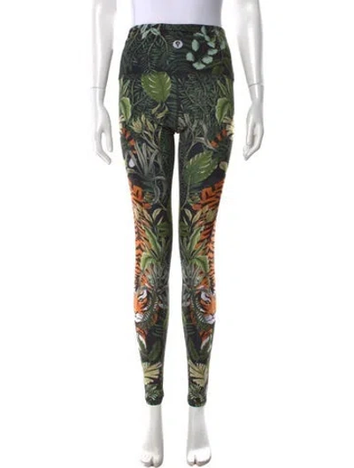 Pre-owned Yoga Democracy Animal Print Skinny Leg Pants In Green