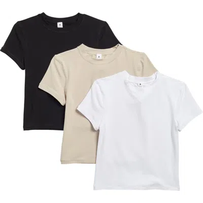 Yogalicious 3-pack Airlite Melissa Mock Neck Crop T-shirts In Black/nacreous Cloud/white