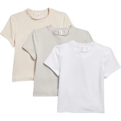 Yogalicious 3-pack Airlite Melissa Mock Neck Crop T-shirts In Crystal Gray/beige/micro Cream