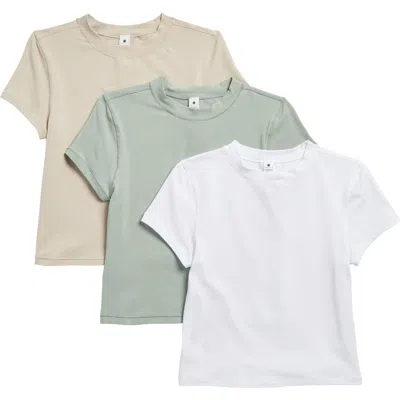 Yogalicious 3-pack Airlite Melissa Mock Neck Crop T-shirts In White/nacreous Cloud/green