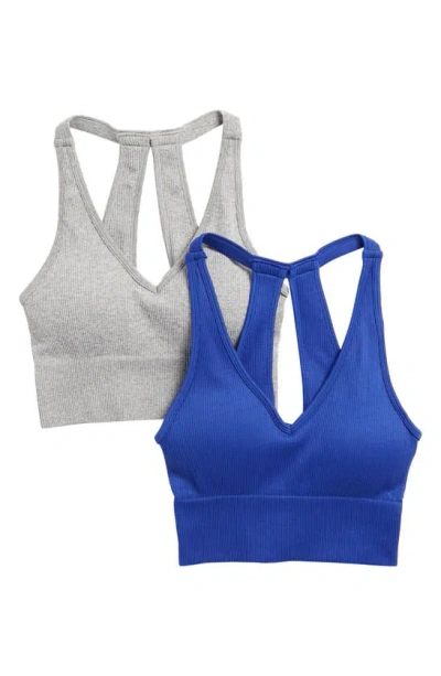 Yogalicious Assorted 2-pack Seamless Rib Sports Bras In Surf The Web/heather Grey