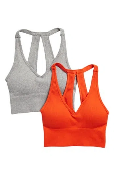 Yogalicious Assorted 2-pack Seamless Rib Sports Bras In Tangerine Tango/grey Heather