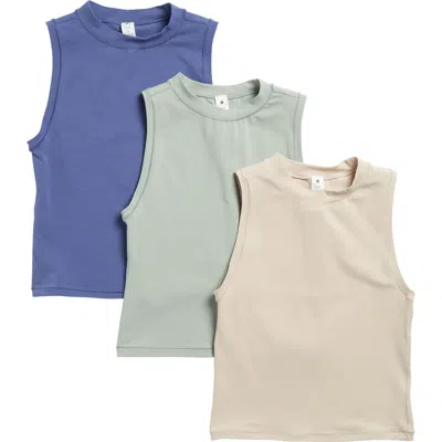 Yogalicious Assorted 3-pack Melissa Airlite Mock Neck Crop Sleeveless Tops In Beige/nacreaous Cloud/green