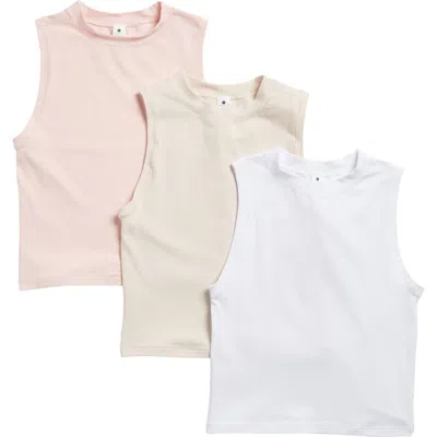 Yogalicious Assorted 3-pack Melissa Airlite Mock Neck Crop Sleeveless Tops In Chalk/pink/crystal Grey