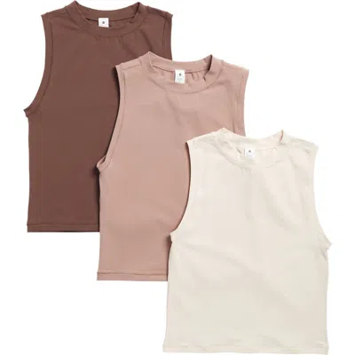 Yogalicious Assorted 3-pack Melissa Airlite Mock Neck Crop Sleeveless Tops In Crystal Gray/antler