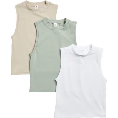Yogalicious Assorted 3-pack Melissa Airlite Mock Neck Crop Sleeveless Tops In White/nacreous Cloud/green