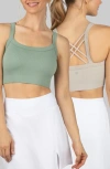 Yogalicious Claire Assorted 2-pack Strappy Rib Sports Bras In Lily Pad/ Nacreous Cl