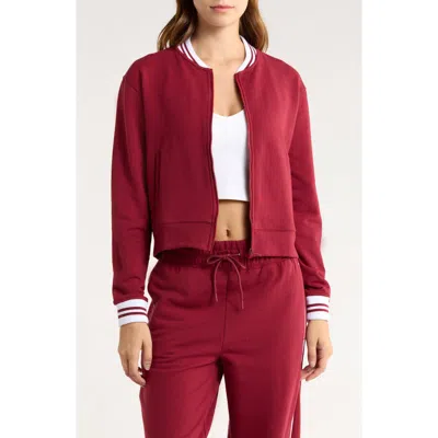 Yogalicious Cloud Plush Prime League Bomber Jacket In Red