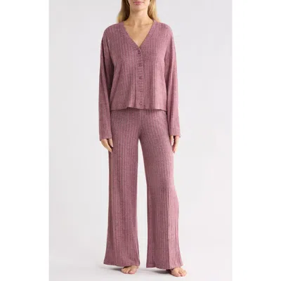 Yogalicious Cozy Rib V-neck Cardigan & Pants Lounge Set In Pink