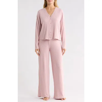 Yogalicious Cozy Rib V-neck Cardigan & Pants Lounge Set In Pink