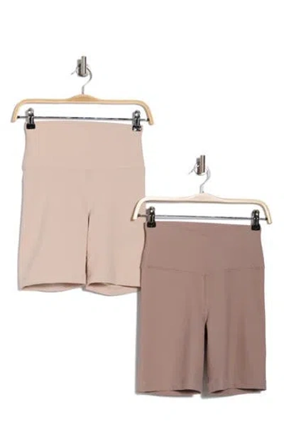Yogalicious Crossover 2-pack Rib High Waist Bike Shorts In Oak Brown-mist Sand