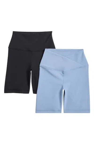 Yogalicious Crossover 2-pack Rib High Waist Bike Shorts In Rain Washed-black