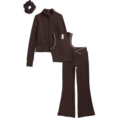 Yogalicious Kids' 4-piece Ottoman Rib Active Set In Brown