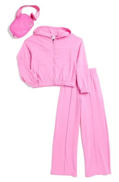 Yogalicious Kids' Brushed French Terry Zip Hoodie, Pants & Belt Bag Set In Fuchsia Pink/super Pink