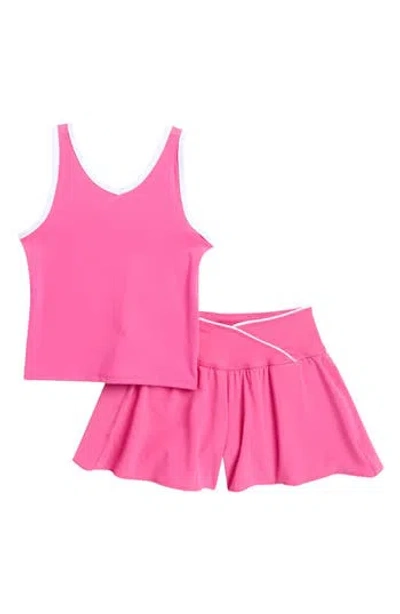 Yogalicious Kids' Contrast Binding Tank & Crossover Shorts Set In Fuchsia Fedora