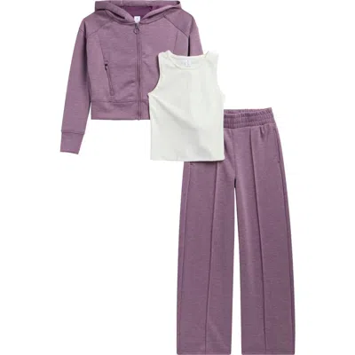 Yogalicious Kids' Dahlia Scuba Sleeveless Top, Full Zip Hoodie & Flare Leggings Set In Purple