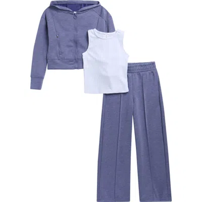Yogalicious Kids' Dahlia Scuba Sleeveless Top, Full Zip Hoodie & Flare Leggings Set In Blue