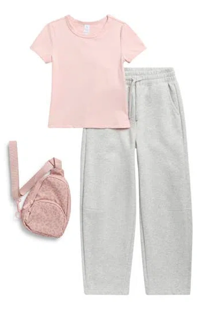 Yogalicious Kids' Mabel T-shirt, Joggers & Mini Backpack 3-piece Set In Porcelain Petal/ Heather Grey