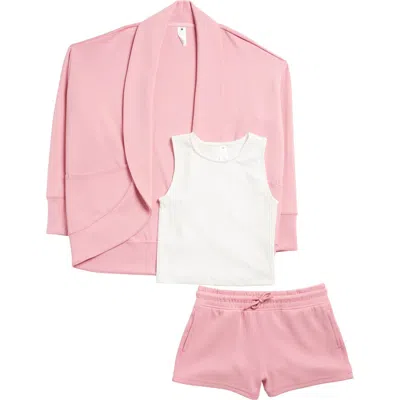 Yogalicious Kids' Scuba Cardigan, Tank & Shorts In Cashmere Rose/white