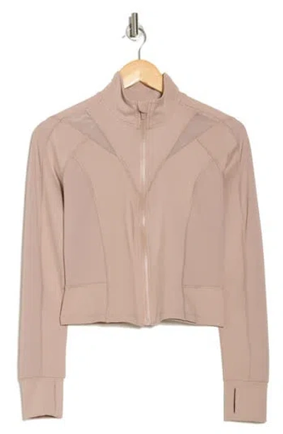 Yogalicious Lux Ascension Crop Fitted Mock Zip Jacket In Oak Brown