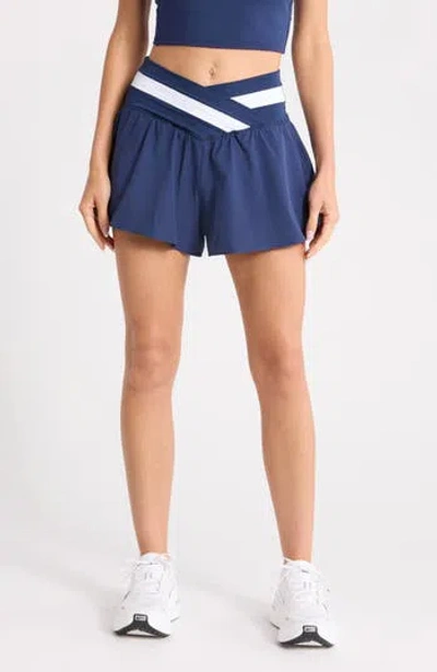 Yogalicious Lux Fiona Lightstreme Hybrid Crossover Waist Shorts In Blue