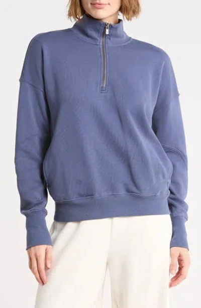 Yogalicious Rib Panel Quarter Zip Terry Pullover In Blue