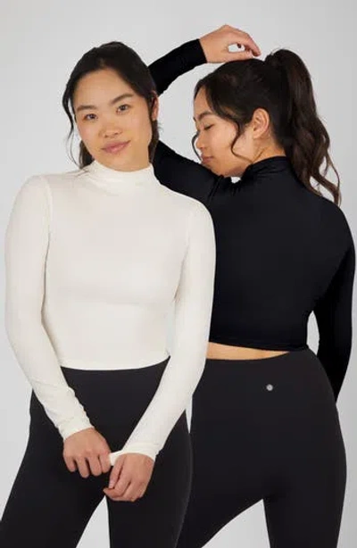 Yogalicious Zenly Evelyn Set Of 2 Funnel Neck Long Sleeve Crop Tops In Gardenia/black