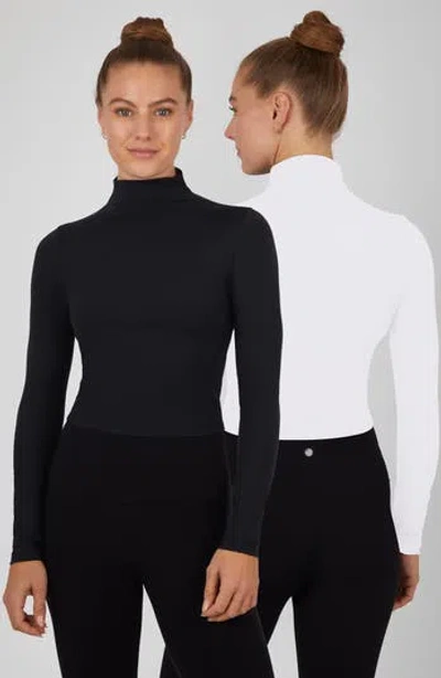 Yogalicious Zenly Evelyn Set Of 2 Funnel Neck Long Sleeve Crop Tops In White/black