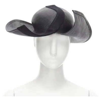 Pre-owned Yohji Yamamoto 1980's Vintage Black Coated Raffia Curled Brim Fedora Hat 58cm