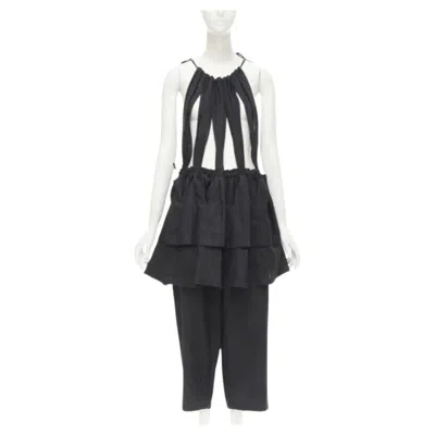 Pre-owned Yohji Yamamoto 1980's Vintage Black Linen Suspender Strap Peplum Jumpsuit S