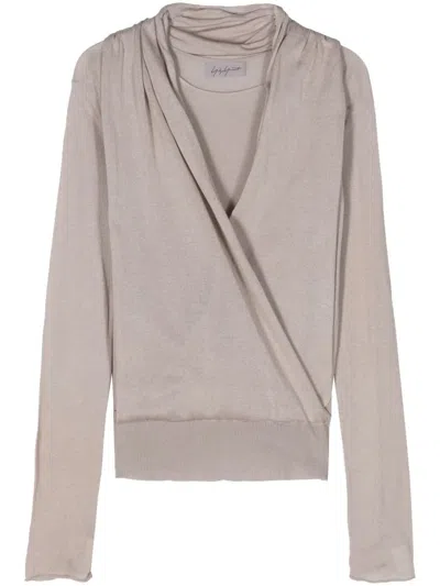 Pre-owned Yohji Yamamoto 2000s Draped-panel Fine-ribbed Top In Neutrals