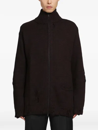 Yohji Yamamoto 5g 3ply Distressed High-neck Cardigan In Brown