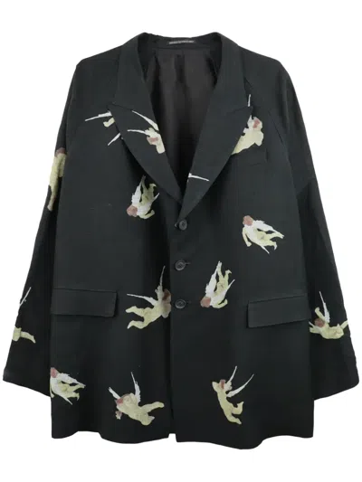 Yohji Yamamoto Angels-print Single-breasted Blazer In Black