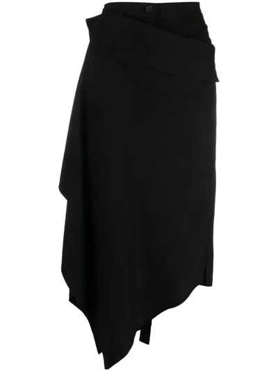 Yohji Yamamoto Asymmetric Draped Midi Skirt In Black